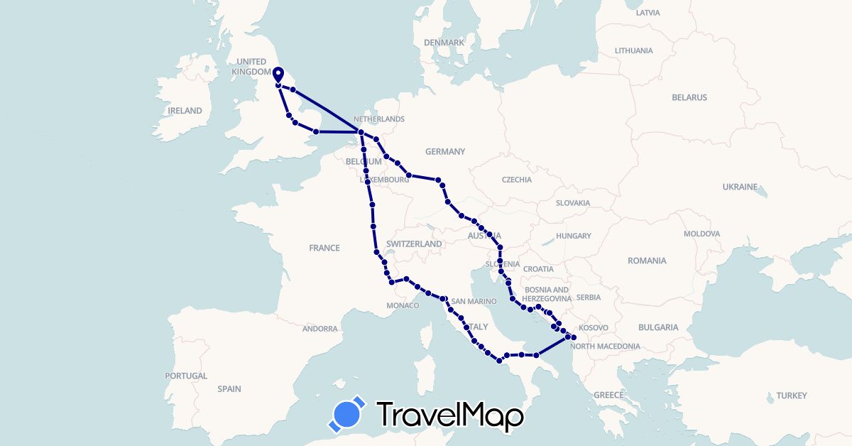 TravelMap itinerary: driving in Albania, Austria, Bosnia and Herzegovina, Belgium, Germany, France, United Kingdom, Croatia, Italy, Montenegro, Netherlands, Slovenia (Europe)